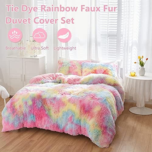 Sucses Fluffy Faux Fur Comforter Set with Rainbow Tie-Dye 2