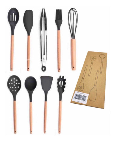 Set of 9 Kitchen Utensils with Wooden Handle and Pink Silicone Tip 0