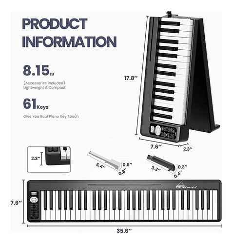 Cossain Piano Keyboard 61 Teclas, Piano Digital Plegable Con 2