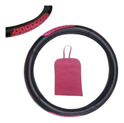 LadyCar Zigzag Black and Fuchsia Steering Wheel Cover + Pink Pouch 0