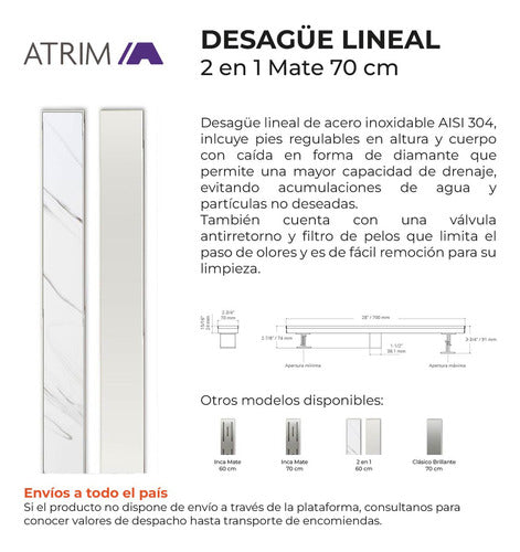 Rejilla Lineal Ducha Baño Desague 70cm Atrim Acero Inca 2en1 4