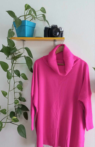 Maxi Oversized Sweater with Wide Long Neck. Black Fuchsia 23