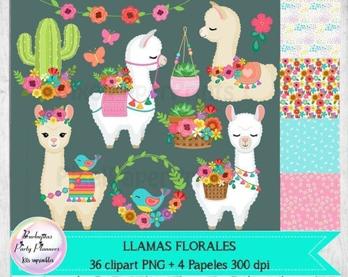 Cliparts Y Papeles Llamas Alpacas Florales Kit Imprimible 0