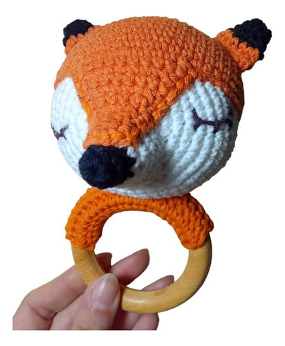 Vishwa Tejidos Crochet Rattle. Animals. Fox. Wooden Ring 0