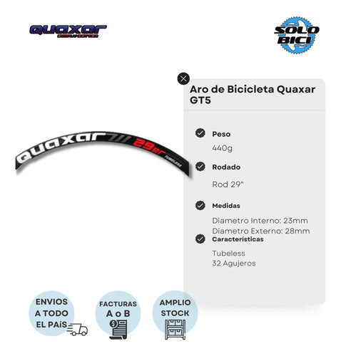 Quaxar Aro De Bicicleta Rod 29 GT5 Tubeles 32 Agujeros 1