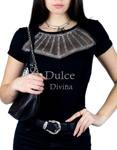 Dulce y Divina Blusa Remera Camiseta Brillo Tacha Pedrería Stras Moda Tul 1