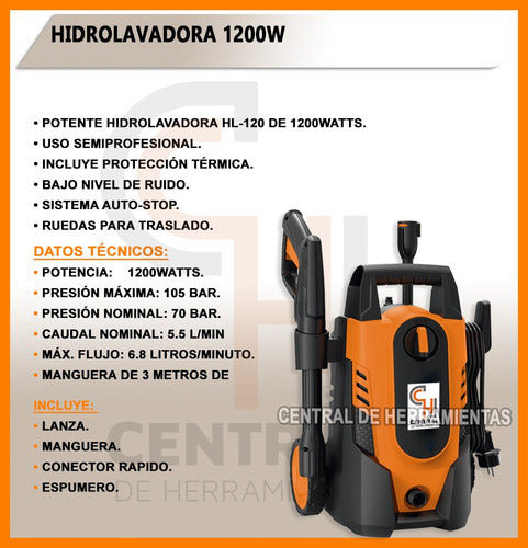 Central de Herramientas 1200W High Pressure Washer 105 Bar with Auto Stop Hose 1