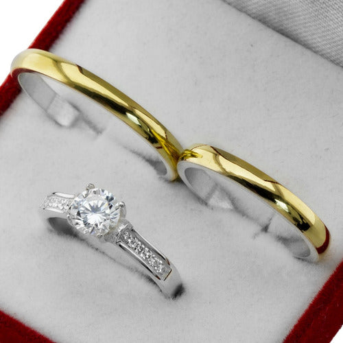 Joyería Belmar Combo Silver and Gold Wedding Bands + Solitaire Engagement Ring Set 1