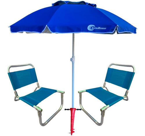 Set of 2 Reinforced Aluminum Beach Chairs 90kg + Super Strong 2m Umbrella 97