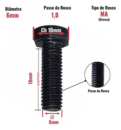 50 Un Parafuso Sextavado M06 X 10mm Aço 8.8 Inteira Fio 1,0 1