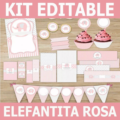 Kit Imprimible Elefantita Rosa Baby Shower Nena Elefante 1