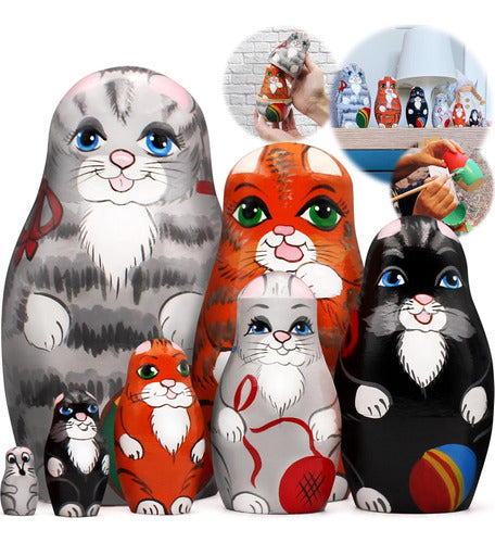 Conjunto De 7 Muñecas Matryoshka Gatos Para Decoración 0