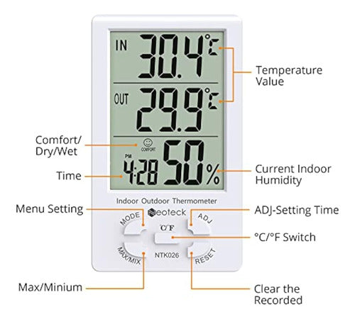 Neoteck Termómetro Higrómetro 3 En 1 Con Reloj 4