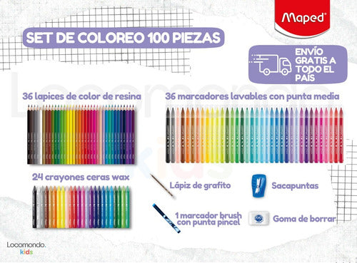 Set Maped 100 Piezas Marcadores + Lapices + Crayones Valija 2