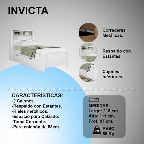 Cama 1 Plaza Con 2 Cajones Y Estanteria Blanco 3