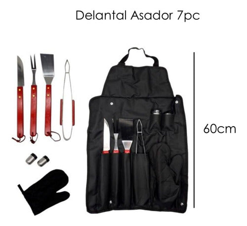 Set Parrillero Asado Pinza Espatula Delantal Y Manopla 8pc 1