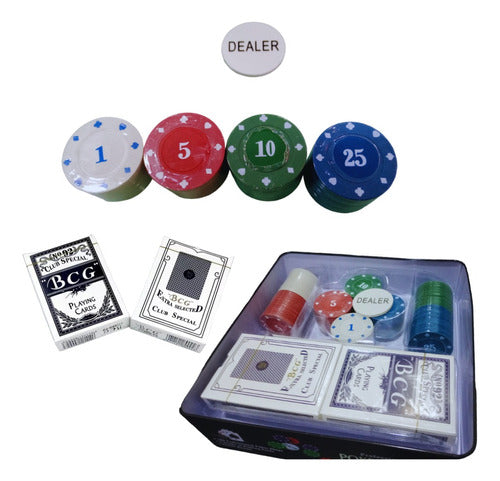 Set Juego Poker 100 Fichas + 2 Mazo Cartas Estuche Metálico 1