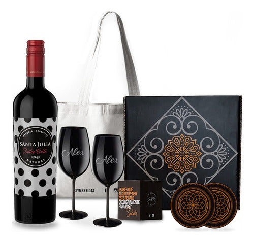 Box Set Vino Santa Julia Tinto Dulce Copas Negras Grabadas 0