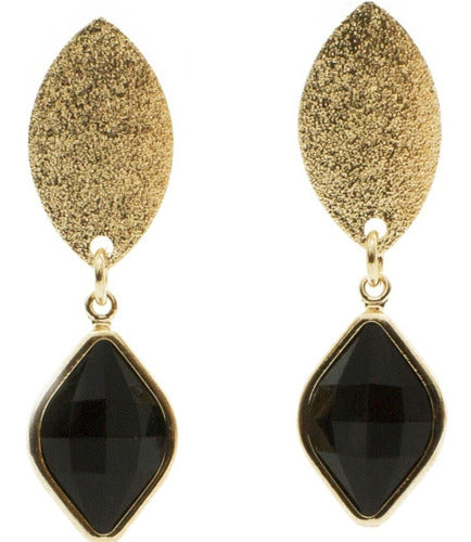 Romminox Hanging Earrings Laminated 18k Gold Sandy Design with Black Crystal 0