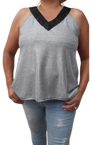 Maru Smith Musculosa Para Vestir De Seda Y Red Cuello Con Piedras 0