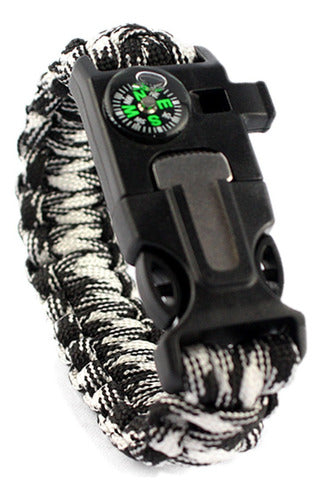 Bracelete Paracord Pederneira Apito Bussola Preto/ Branco 0