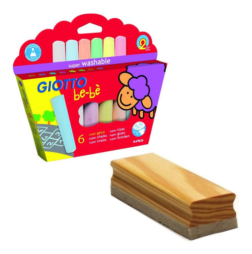 Kit Set 6 Giotto Bebe Chalks + 1 Wooden Chalkboard Eraser 0
