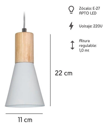 Markas Iluminación Colgante 1 Luz Elena Blanco Con Madera Apto E27 Diseño Mks 1