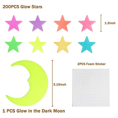 GLOCARNIVAL Fluorescent Star Stickers - 200 Adhesive Moon & Star Colors 1