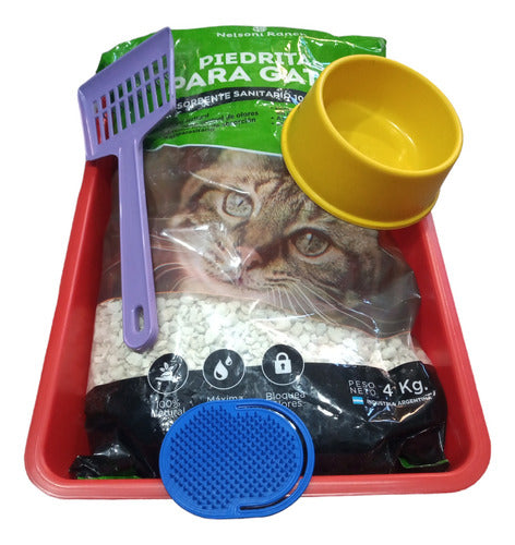 Pet & Fish Cat Sanitary Kit - Tray, Feeder, Scoop, Stones, Brush 0