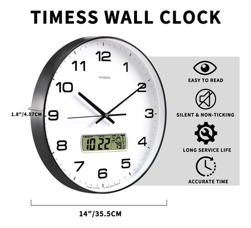 Timess Reloj De Pared Con Calendario, Esfera Blanca De 14 Pu 4