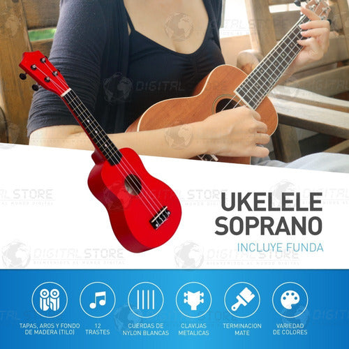 Newvision Soprano Ukulele Made of Wood + Case + Strings + Pick + Colors 2