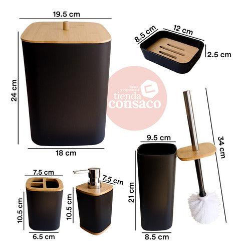 Consaco Set Baño Bambu Plastico X6 Cesto Dispenser Jabon Escobilla 1