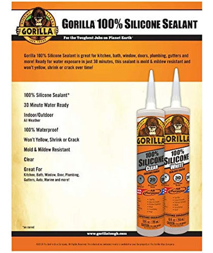 Gorilla White Sellador 100% Silicona Silicona 10 Oz Blanco 1