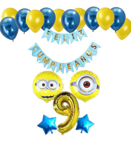 Minions Balloons Set: 2 Balloons + Banner + Large Number + 2 Stars + 12 Latex 8