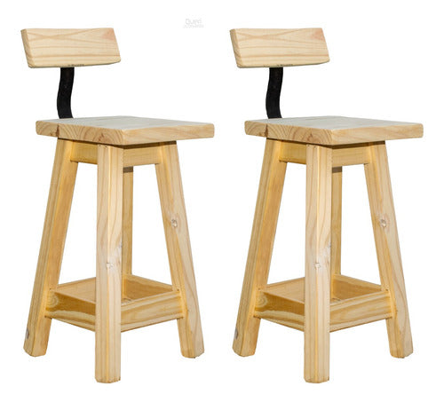 Queri Accesorios 2 High Stools with Backrest in Solid Pine Wood and Iron 0