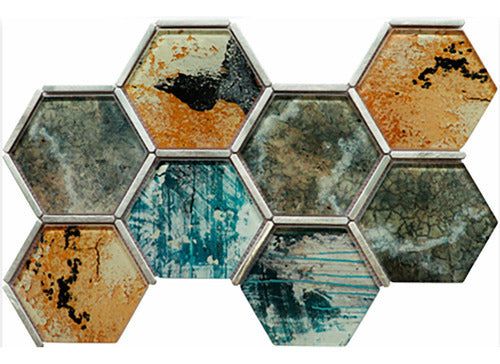 Porcelamika Mosaico Hexagonal Vidrio 28x41 Mix Con Bordes Plateados 0