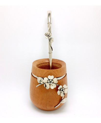 Handcrafted Mate and Bombilla Set in Calden Wood and Alpaca - Flor Sakura Model - Juego Mate Y Bombilla Madera Calden Y Alpaca Mod Flor Sakura