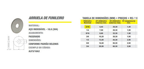 Arruela Inox 3/16'' Aba Larga Funileiro Belenus - 10 Peças 2