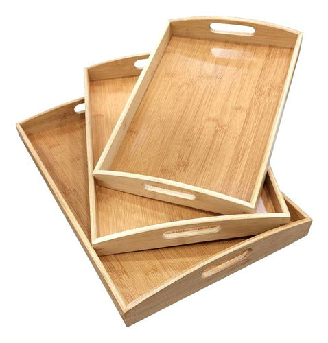 Vonne Bamboo Serving Tray Set - 3 Stackable Trays with Handles 0