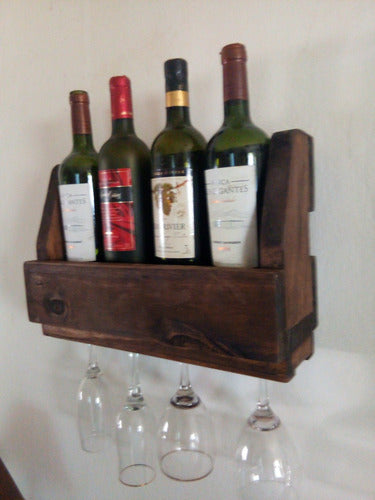 Rustic Wood Wall Wine Rack for 4 Bottles with Glass Holder for 4 Glasses 3