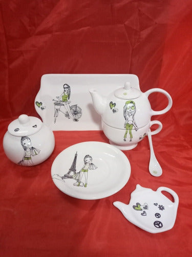 Yustina Complete 6 Piece Tea Set: Teapot, Cup, Plate, Tray, Spoon & Tea Bag Holder 5