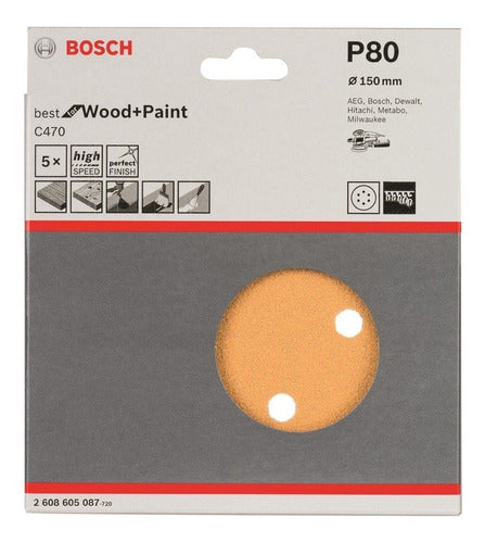 Bosch Set of 5 150mm 80 Grit Sanding Discs for Orbital Sander 0