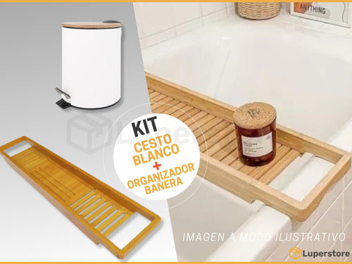 Vonne Set Baño Cesto 3L Acero Pedal Blanco Organizador Ducha Bambú 1