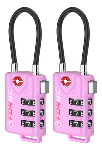 Forge TSA Approved Cable Luggage Locks, 2 Pink Locks, Re-settable Combination With Alloy Body 0