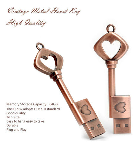 Borlterclamp - 64 GB USB 2.0 Memory Flash Drive, Retro Heart Key Shape 6