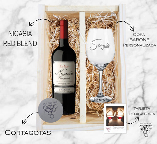 Nicasia Regalo Box Madera Vino Nicasia + 1 Copa Vidrio + Grabado 1