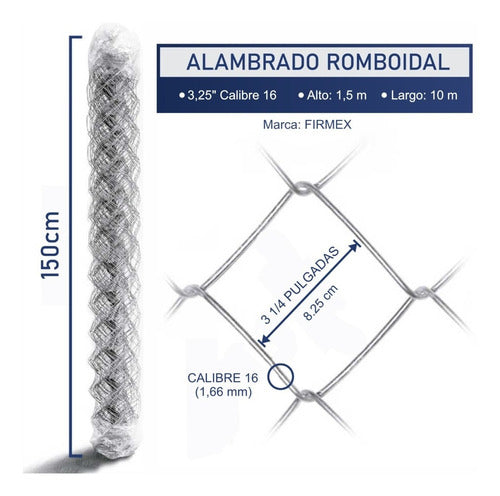 Rollo De Tejido Romboidal 3 1/4'' 1,50x10mts Cal 16 Alambre 1