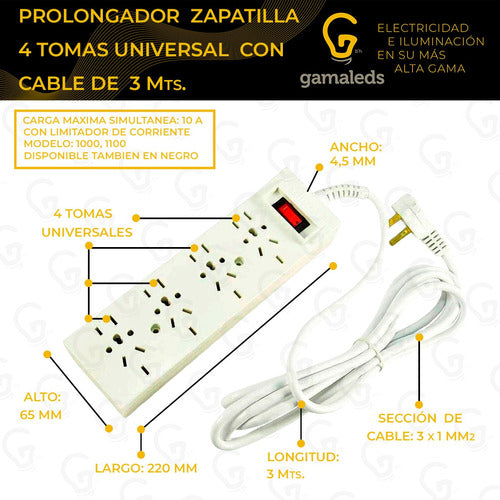 Cambre 4-Outlet Power Strip Extension Cord 3m - Universal Plug 4