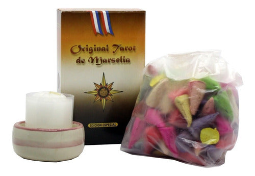 Aromeronatural Tarot Cards Marsella with 100 Assorted Incense Cones, Candle, and Bowl 0