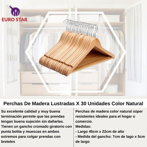 Perchas De  Madera  Lustradas  X 30  Unidades  Color Natural 1